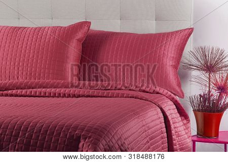 Modern Bedroom With Pillows On Bed, Interior Design Concept Decoration