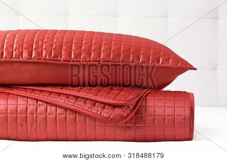 Cushions In Bed Background With Copy Space. Sweet Home And Cozy Concept. Close Up