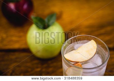 Homemade Green Apple Soda. Refreshing Drink, Apple Juice With Carbonated Water.