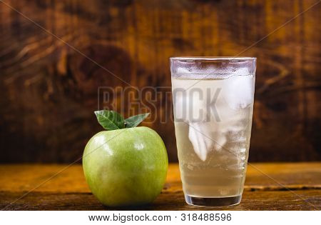 Homemade Green Apple Soda. Refreshing Drink, Apple Juice With Carbonated Water.