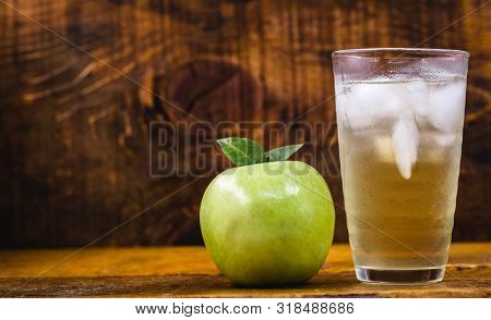 Homemade Green Apple Soda. Refreshing Drink, Apple Juice With Carbonated Water.