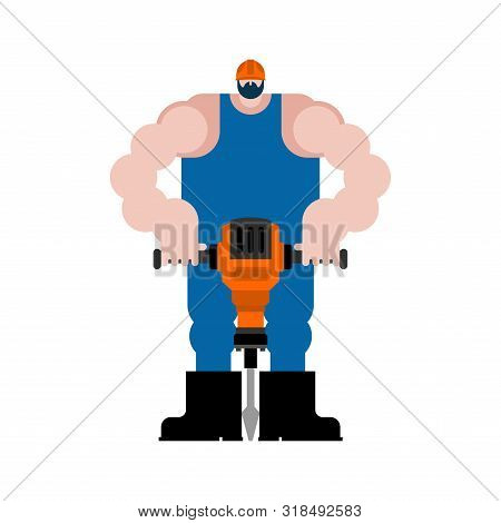 Road Worker And Jackhammer. Roadman At Work. Vector Illustration