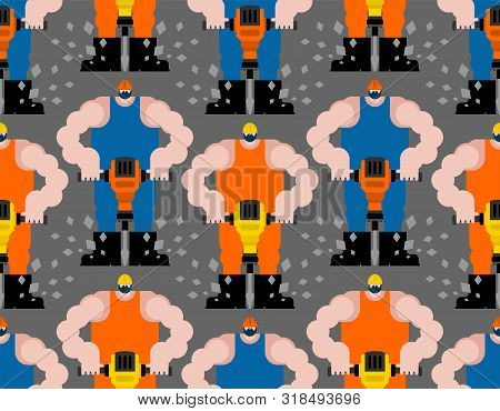 Road Worker And Jackhammer Pattern Seamless. Roadman At Work Background. Vector Texture