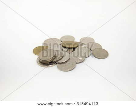 Coin Thai,pile Of Coins Heap Of Coins Silver Gold,stacks On A White Background,investment Money Conc