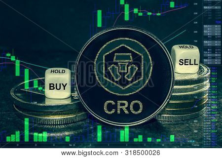The Coin Cryptocurrency Crypto Com Chain Stack Of Coins And Dice. Exchange Chart To Buy, Sell, Hold.