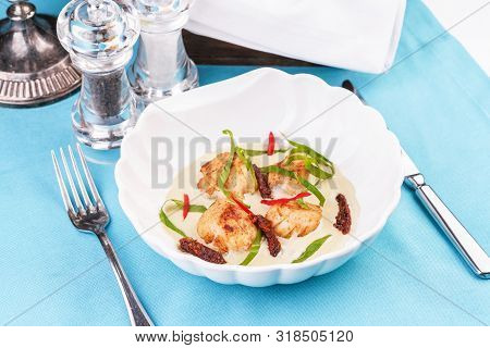 Mediterranean Soup With Seafood, Crab Meat, Fish And Chicken With Creamy Broth