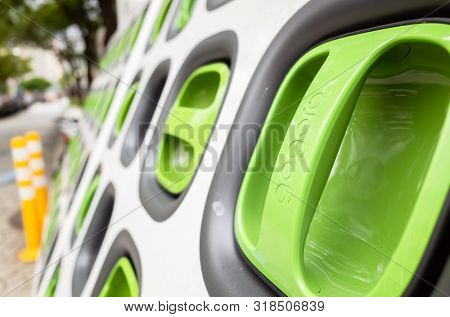 Taipei, Taiwan - June 7th, 2019: charging station for battery packs of Taiwan-based Gogoro electronic motocycle at street in Taipei, Taiwan, Asia