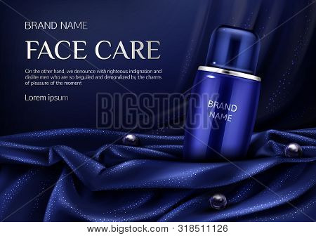 Cosmetics Tube Mockup Banner, Face Care Men Beauty Cosmetic Product On Dark Blue Silk Folded Textile