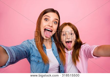 Close Up Photo Of Sweet People With Foxy Long Hairstyle Making Faces Wearing Denim Jeans Shirts Isol