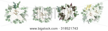 Set Of Vector Bouquets On A White Background. Lily Flowers, Green Plants, Eucalyptus, Berries.