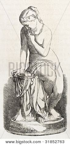 Flicka toalett staty gammal illustration. Efter skulptur av Frison, publicerade på L'Illustration, tidning