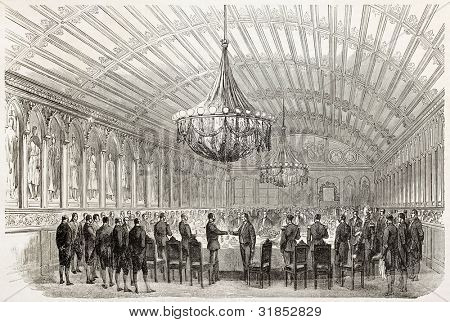 Tyska confederated princes diner i kejsare hall i Romer palace, Frankfurt. Skapad av Godefroy-D