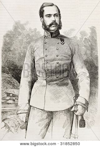 Francis Joseph af Østrig, gamle graveret portræt. Lavet af Hilmars, offentliggjort på L'Illustration, Jørgensen