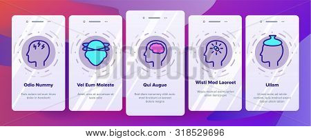 Headache Onboarding Mobile App Page Screen Vector Thin Line. Migraine Brain, Tension And Cluster Hea
