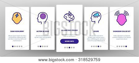 Headache Onboarding Mobile App Page Screen Vector Thin Line. Migraine Brain, Tension And Cluster Hea