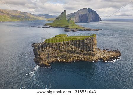 Faroe Islands Dramatic Coastline Viewed From Helicopter. Vagar Area