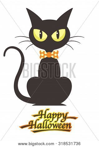Black Cat With Happy Halloween Logo, Isolated On A White Background. Vector Illustration.