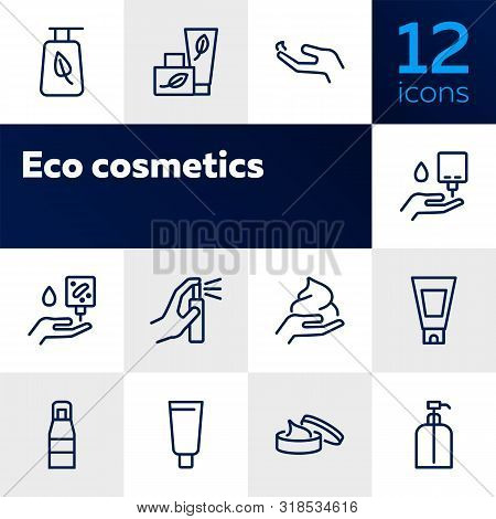 Eco Cosmetics Line Icon Set. Set Of Line Icons On White Background. Nature Concept. Cream, Gel, Perf