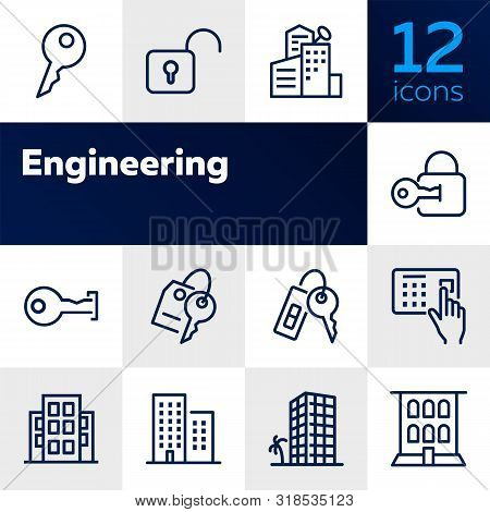 Engine Line Icon Set. Set Of Line Icons On White Background. Equipment Concept. Gear, Drill, Enginee