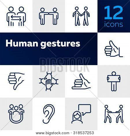 Human Gestures Line Icon Set. Set Of Line Icons On White Background. Ear, Talking, Dialogue. Communi