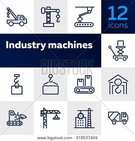 Industry Machines Line Icon Set. Concrete Mixer, Crane, Site. Machinery Concept. Can Be Used For Top