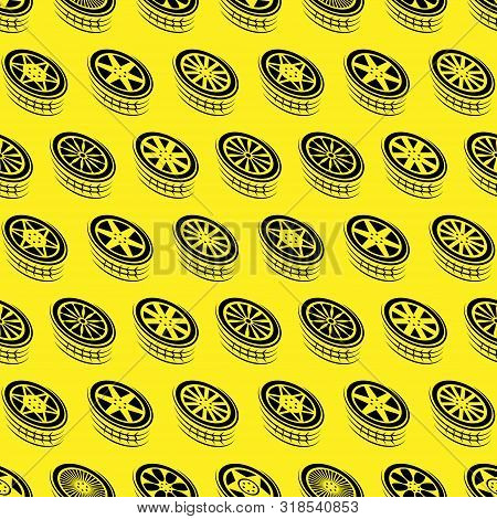 Yellow Background With Black Outline Transport Wheel Silhouettes Seamless Patetrn