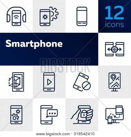 Smartphone Line Icon Set. Settings, Navigation, Multimedia Content. Mobile Technology Concept. Can B