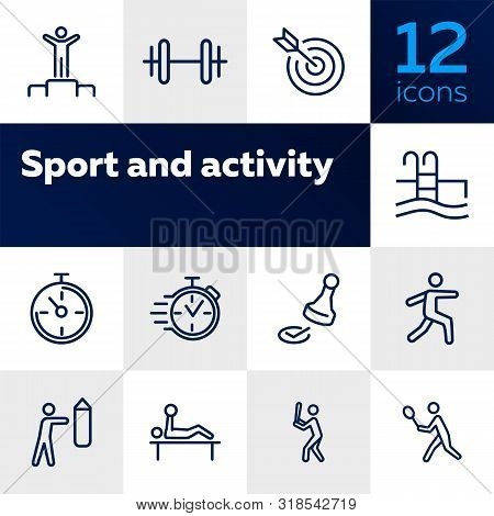 Sport And Activity Icons. Set Of Line Icons On White Background. Stop Watch, Sportsman. Active Lifes