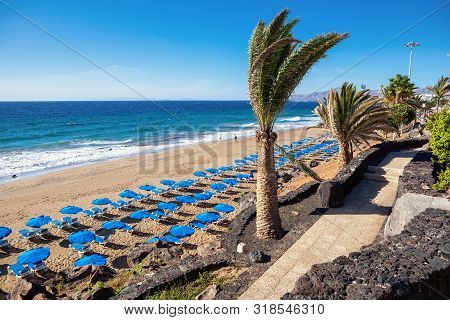 Puerto Del Carmen Beach In Lanzarote, Canary Islands, Spain. Blue Sea, Palm Trees, Selective Focus