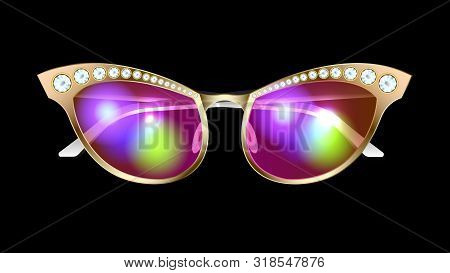 Fashionable, Stylish, Glamour Realistic Gold Sunglasses With Diamonds Isolated On A Black Background