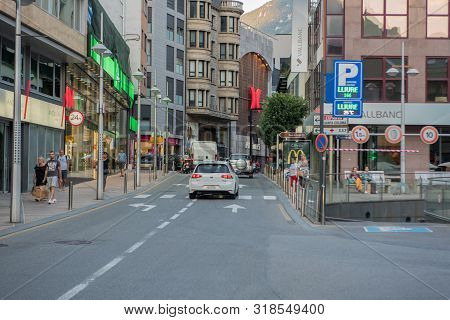 Andorra La Vella, Andorra : 2019 August 22 :  Andorra La Vella, Capital, Meritxell Main Comercial St