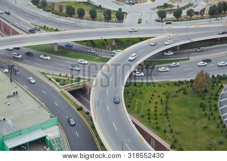 Bridges, Roads. Top View . Aerial View Of Highway And Overpass In City .aerial Photo Of Urban Elevat