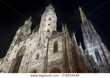 Gothic St. Stephens Cathedral At Night, Vienna, Austria, March 2019