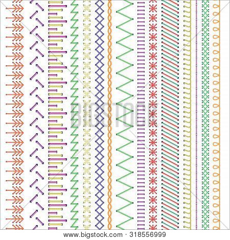 Sewing Machine Stitches Seamless Colorful Pattern Vector Illustration On White.