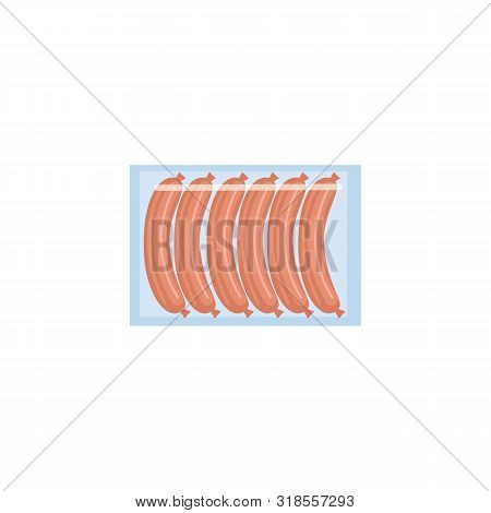 Meat Sausage Package Isolated On White Background, Row Of Six Raw Hotdogs In Clear Plastic Packaging