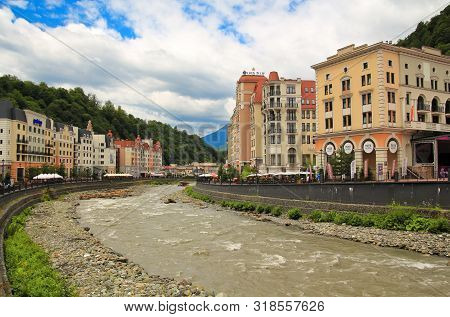 Sochi, Russia - July 2, 2019: Rosa Khutor Hotesl And Shops Of Alpine Ski Resort In Sunny Summer Day.
