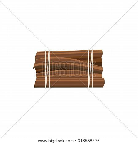 Stack Of Firewood Logs Tied Up By Rope, Rectangle Pieces Of Wood Cut Ready For Camp Bonfire