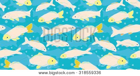 Wavy Sealife Goldfish Koi Seamless Pattern. With Carp Fish In Tones Of Pink And Yellow. Modern, Grap