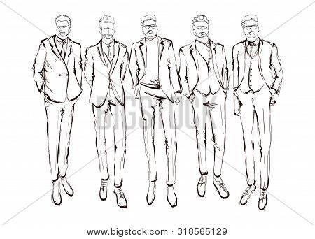 Stylish Handsome Mans In Fashion Clothes. Hand Drawn Beautiful Young Mens. Stylish Mens. Fashion Men