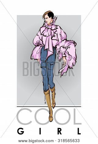 Beautiful Young Women In A Pink Blouse. Hand Drawn Fashion Girl. Fashion Model Posing. Sketch. Vecto