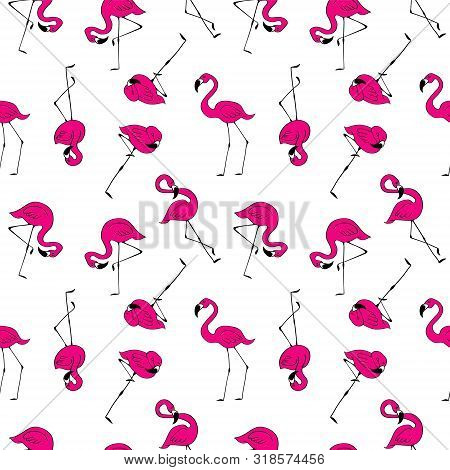 Seamless Pattern With Cute Pink Flamingos Randomly Oriented On White Background. Hand Drawn Vector I