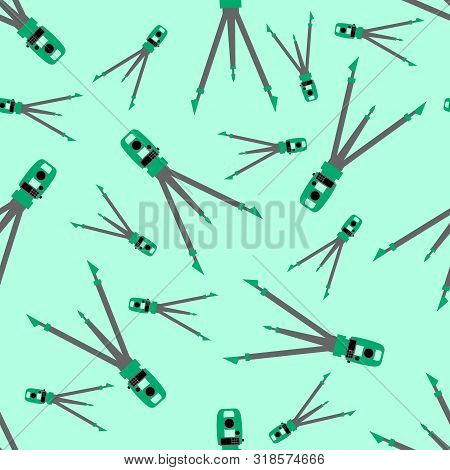 Seamless Pattern With Green Theodolite On Tripod. Object Isolated On Green Background. Vector Illust