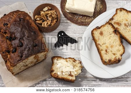 Barmbrack Or Bairin Breac Is A Traditional Irish Sweet Yeast Bread With Grapes And Raisins, Often Ea