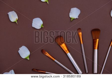 Cosmetic Makeup Brushes With White Pentals Roses On A Brown Background Copy Space Cosmetic Beauty Co