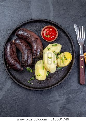 Chilean Bloody Sausages Prieta With Potatoes And Sauce, Top View