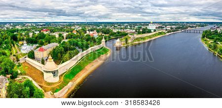 Aerial View Of The Pskov Krom With The Velikaya River In Russia