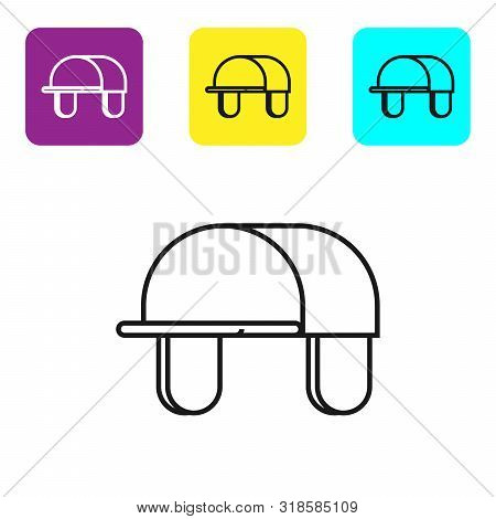 Black Line Hunter Hat Icon Isolated On White Background. Plaid Winter Hat. Set Icons Colorful Square