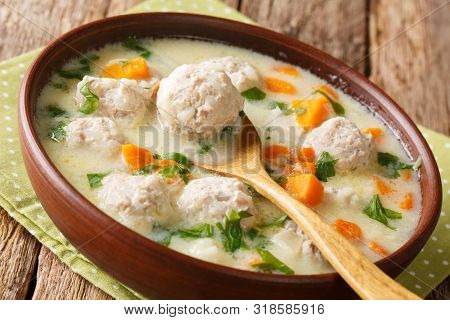 Homemade Bulgarian Soup With Meatballs And Vegetables Close-up In A Bowl. Horizontal