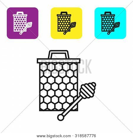Black Line Honeycomb With Honey Dipper Stickicon Isolated On White Background. Honey Ladle. Honey Ce
