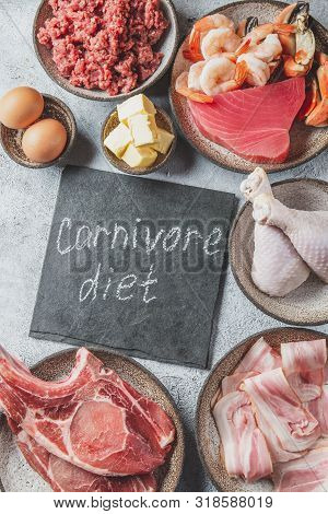 Selection Food For Carnivore Diet. Seafood, Meat, Megs And Fat. Zero Carbs Diet Concept